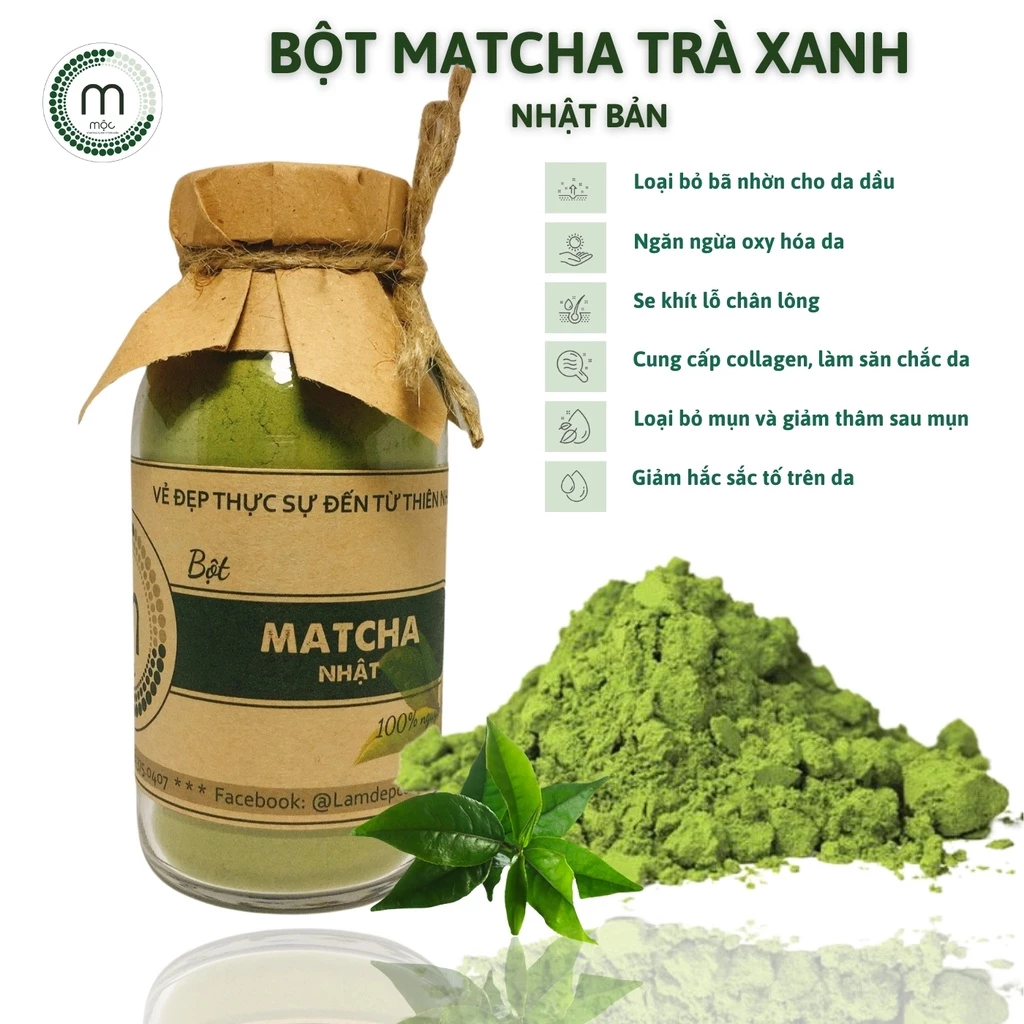 Bột matcha trà xanh nguyên chất MỘC - đắp mặt nạ ngăn ngừa mụn, mờ thâm, trẻ hóa da túi 30g, chai 100/200ml