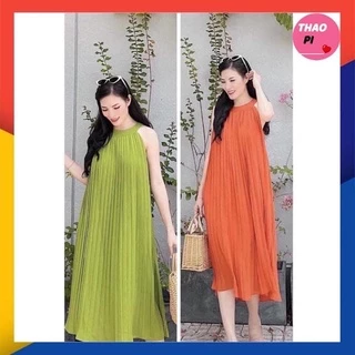 Đầm maxi 2 dây dập ly cổ yếm, váy xếp ly đi biển dáng suông