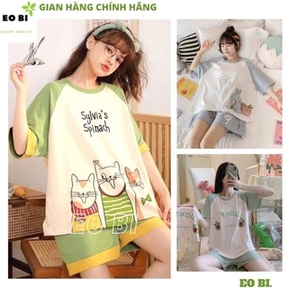 Bộ ngủ nữ pijama cộc tay chất thun cotton hoạt hình hot 2022, bộ mặc nhà in hình ngộ nghĩnh - EOBI