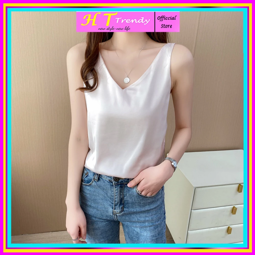 Áo 2 dây lụa satin cao cấp cổ tim sát nách áo 3 lỗ nữ mặc nhà gợi cảm HT TRENDY