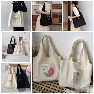 Túi tote vải canvas có túi phụ bên ngoài dành cho nữ phong cách ulzzang nhiều mẫu