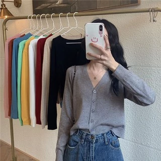 Áo Khoác Cardigan Nữ Thun Len Cổ Tim Xinh Xắn Chất Len Tăm Phong Cách Ulzzang Hàn Quốc Nhiều Màu