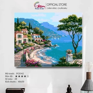 Tranh số hoá tô màu theo số thư giãn GAM phong cảnh ngôi làng ven biển căng khung 40x50cm PC0342