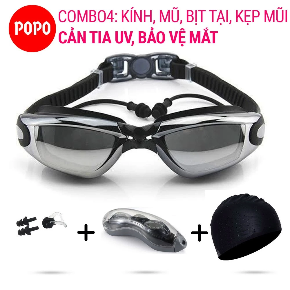 Kính bơi người lớn POPO 1940 kèm mũ bơi và bịt tai kẹp mũi cho nam nữ, cho bé trẻ em