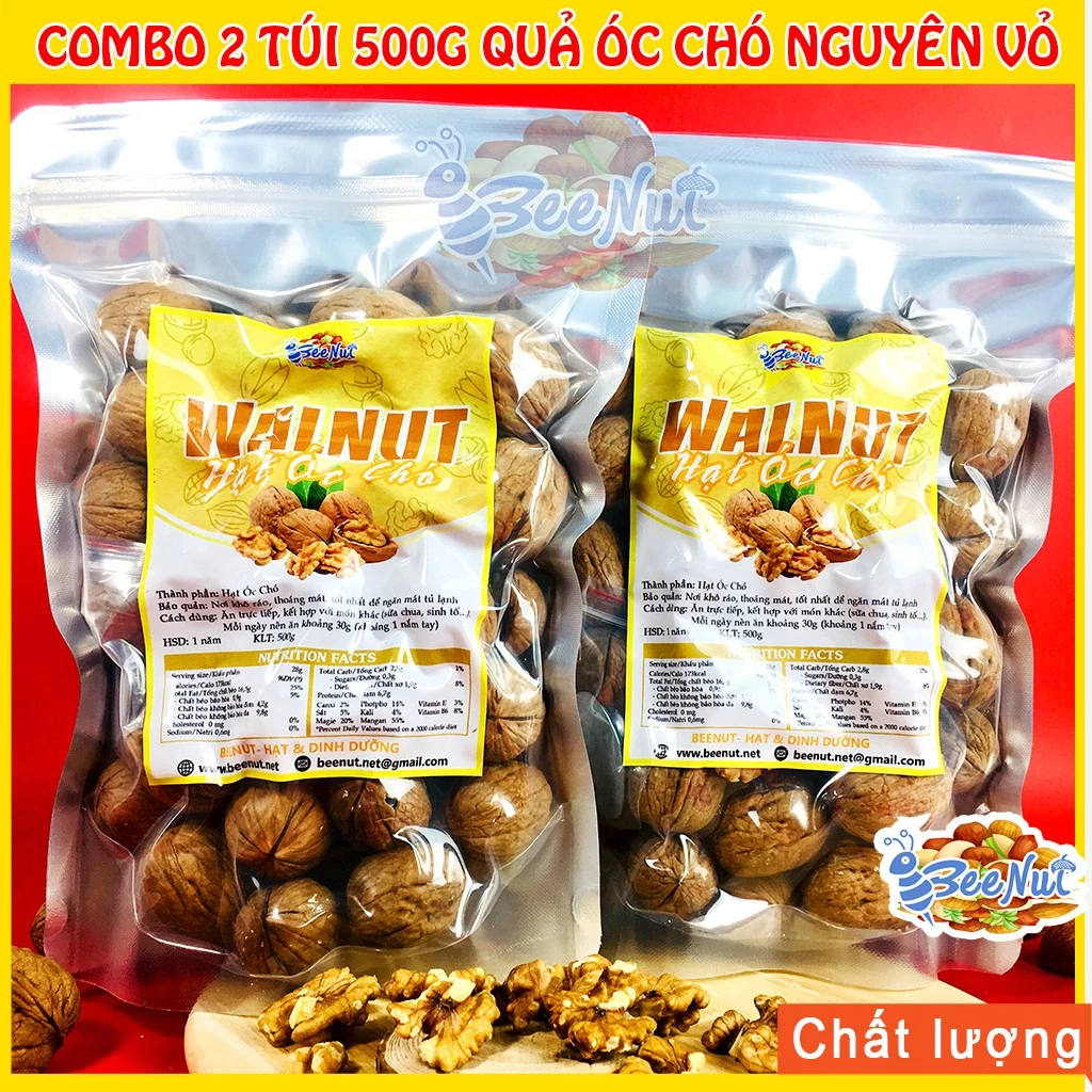 Hạt óc chó nguyên vỏ 1Kg (Combo 2 túi 500g) Không sợ hôi dầu (Tặng dụng cụ tách vỏ) - Hạt dinh dưỡng BeeNut