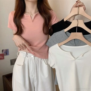 Áo Thun Croptop Tay Ngắn Cổ Chữ V Màu Sắc Trơn Dành Cho Nữ