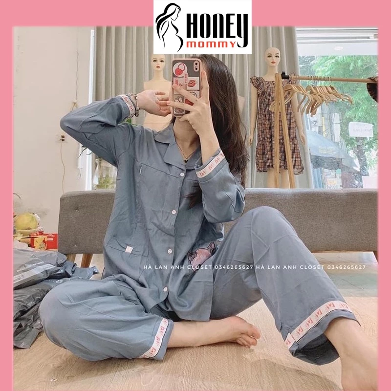 Bộ Đồ Bầu Pijama Dài Tay Quần Dài Và Sau Sinh 2 Chức Năng Có Khóa Cho Con Bú Mặc Ở Nhà Mùa Hè HT4622 Honey Mommy