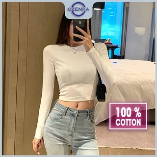 Áo croptop tay dài ôm nữ đen trắng thun gân OZENKA , áo thun crt body 100% cotton free size 40 đến 55 kg CRT 263