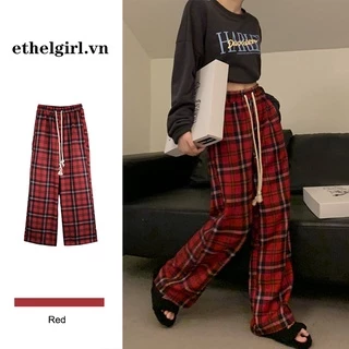 Ethelgirl Retro Anh Kẻ Sọc Đỏ Thường Ngày Quần Nữ Quần Áo Mỹ Quần Ống Rộng