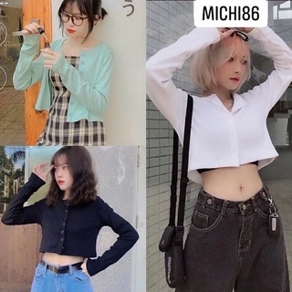 Áo croptop nữ tay dài cúc đóng nút to Michi, áo thun nữ tay dài