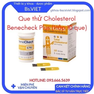 Que thử Cholesterol Benecheck Plus (Hộp 10 que), cho phép bạn thực hiện các bước đo lượng Cholesterol trong máu