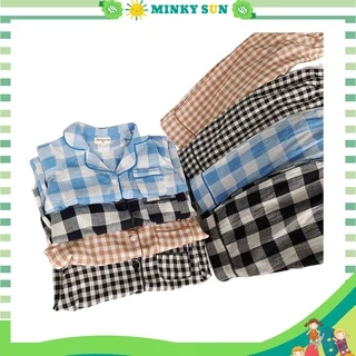 Bộ đồ ngủ cho bé, Bộ Pijama kẻ caro tay dài cho bé trai và bé gái từ 6-19kg