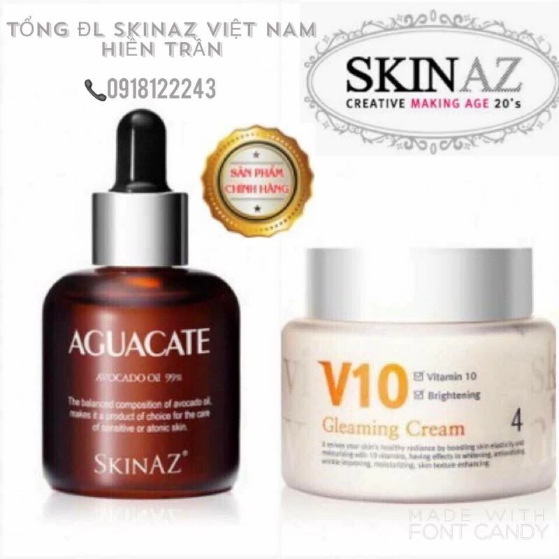 Combo Tinh chất bơ + Kem dưỡng trắng sáng da V10 Skinaz