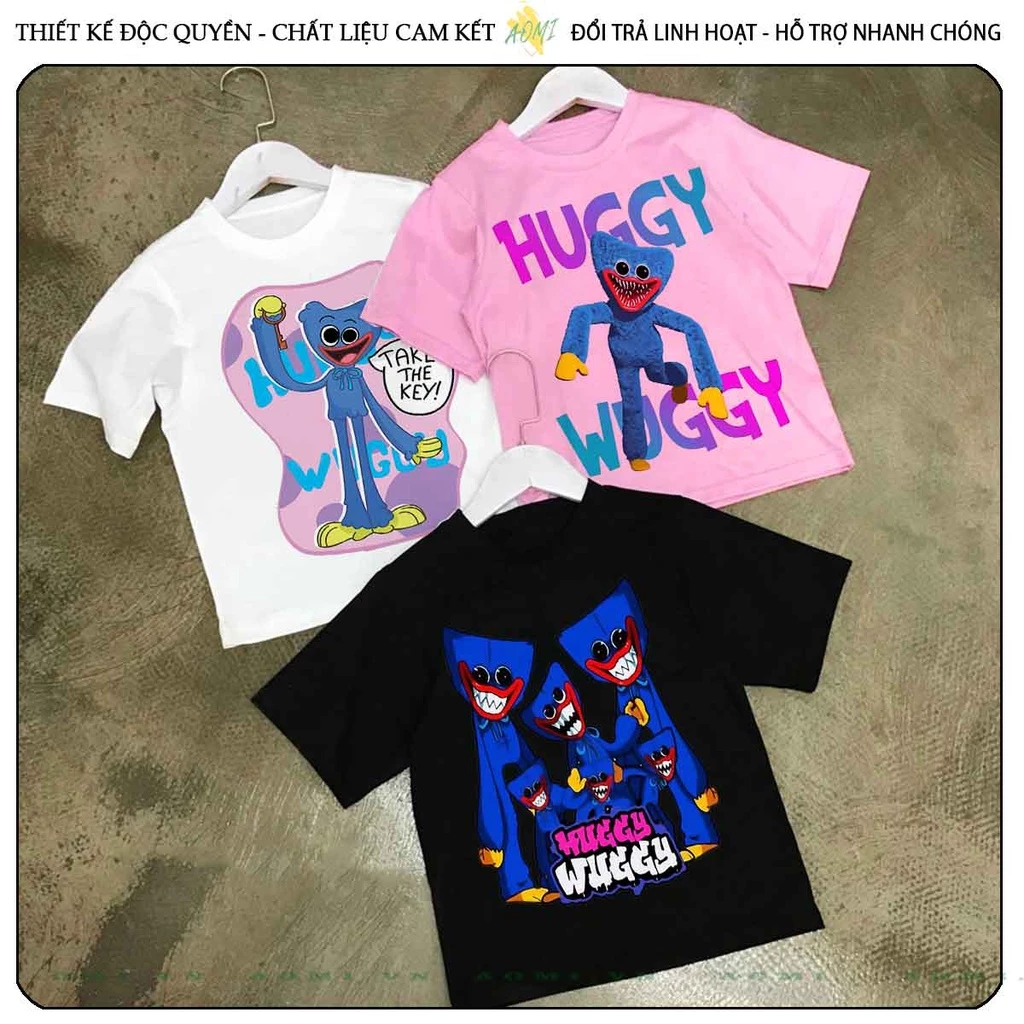 ÁO THUN HUGGY HUGGY UNISEX PHÔNG NAM NỮ GIA ĐÌNH CẶP ĐÔI ĐEN TRẮNG HỒNG SIZE TRẺ EM CHO BÉ TRAI GÁI AOMIVN