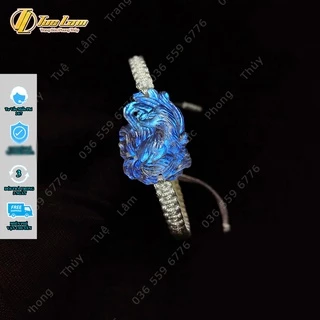 Vòng tay mặt hồ ly chúa 9 đuôi thủng moonstone trắng ánh xanh hợp mệnh kim thủy trợ duyên bện chỉ handmade - Tuệ Lâm