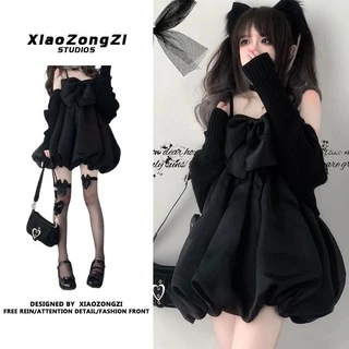 Two-piece suit/one-piece dark knitted cardigan coat bowknot suspender dress spring suit for female students lScN