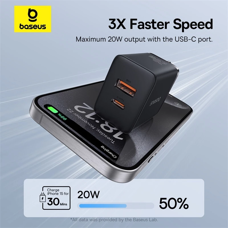 Bộ sạc Baseus Cube U + C Cổng USB kép 20W Bộ sạc Hỗ trợ loại C PD Sạc nhanh cho iPhone13 14