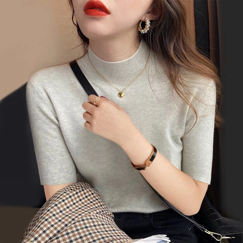 YAYUAN Áo Dệt Kim Tay Lửng Cổ Lọ Xinh Xắn Thời Trang