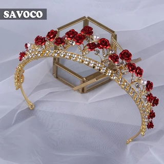 SAVOCO Phụ nữ Red Rose Crown Công chúa Cô gái Sinh nhật Tiệc cưới Cổ điển Mũ cưới Phụ kiện trang sức tóc thời trang SH003