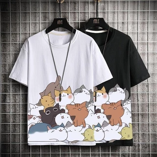 Cartoon cartoon cat pure cotton t-shirt short-sleeved men's thin style 2023 all-match loose street wear half