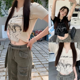 Áo Croptop In Họa Tiết Phong Cách retro Mỹ Cho Nữ