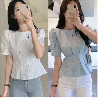 Áo Kiểu Tay Ngắn Phồng Màu Trơn Ôm Eo Phong Cách Hàn Quốc Cho Nữ Baju Baju Wanita Lengan Panjang Hàng Mới Có Sẵn