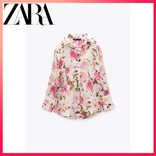 Zara mùa xuân quần áo nữ mới in hoa áo sơ mi lụa satin