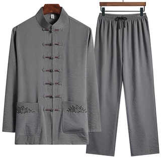 Bộ đồ dài tay dành cho bố bằng lụa băng dành cho nam trung niên và cao tuổi của Size165-190 Tang