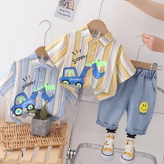 Set Áo Sơ Mi Tay Ngắn + Quần Short Denim Họa Tiết Khủng Long Hoạt Hình Thời Trang Mùa Hè Cho Bé Kích Thước 80-120cm