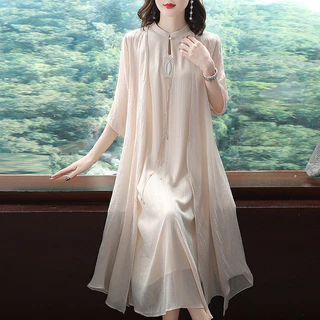 Váy dài Hanfu Váy dài vừa phải Phong cách Trung Quốc Đầm quay sườn xám cải tiến