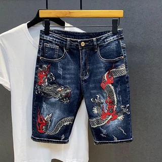 Size28-34 Quần short bò mẫu mới 2023 quần nam thêu họa tiết rồng thương hiệu thời trang quần năm phân ôm vừa phong cách Trung Quốc