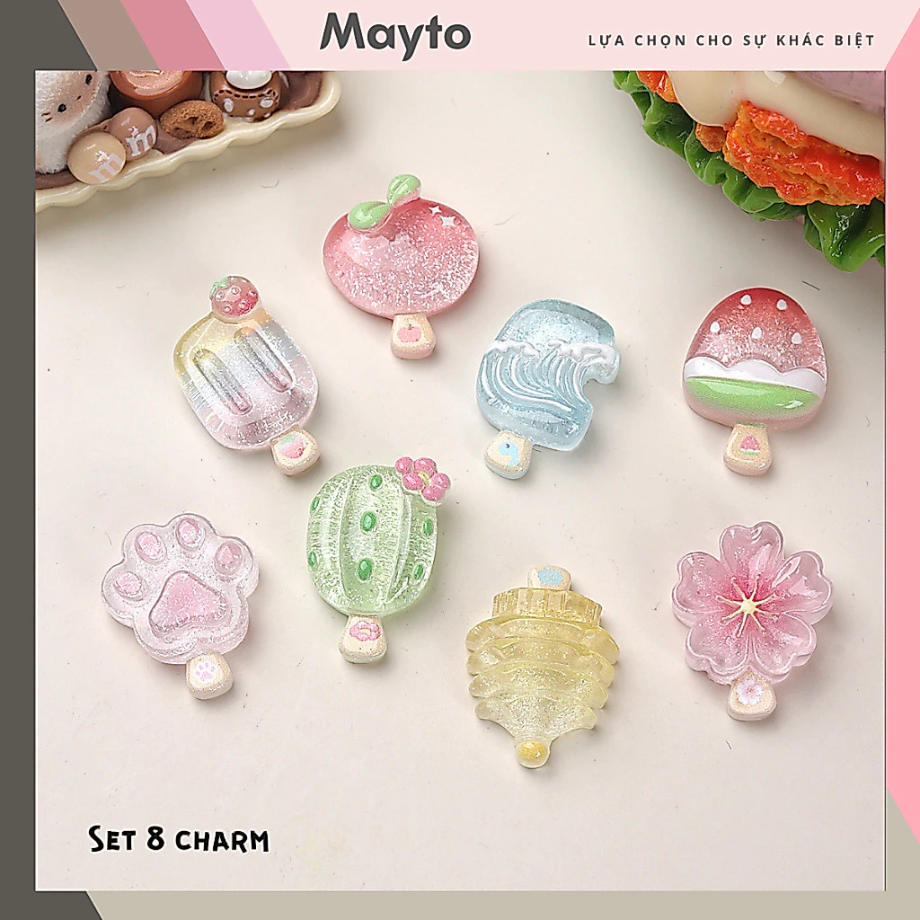 Bộ 8 Sticker, Charm 3D chủ đề Kem hoa quả lấp lánh nhựa cứng gắn Dép Sục, Cá sấu Mayto JB-481