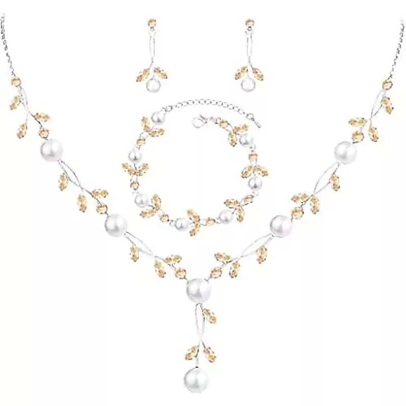 Sang Trọng Cubic Zirconia Aurrian Pha Lê Ngọc Trai Hoa Vòng Cổ Tòn Ten Bông Tai Cưới Cô Dâu Bộ Trang Sức Quà Tặng Sinh Nhật Cho Nàng