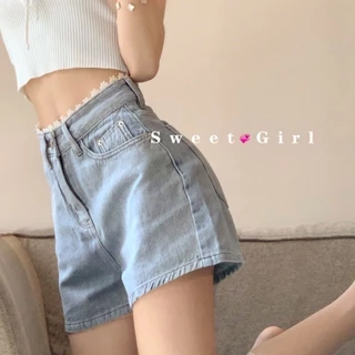 Quần Short Denim Phối Ren Màu Trơn Dễ Thương Cho Nữ  tao bao 