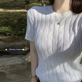 Xiaozhainv [Hàng Có Sẵn] Áo sweater Dệt Kim Tay Ngắn Dáng Ôm Thêu Hình Ngựa Một Sừng retro Cho Nữ