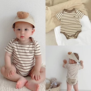 Bộ Áo Liền Quần Bằng Cotton Tay Ngắn Họa Tiết Kẻ Sọc Thời Trang Mùa Hè Hàn Quốc Cho Bé Sơ Sinh 0-18 Tháng Tuổi