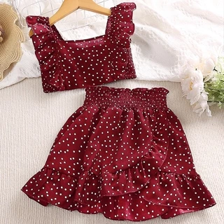 Set đồ SIYYIS áo kiểu crop top và chân váy dáng chữ A họa tiết chấm bi thời trang mùa hè xinh xắn cho bé gái 5-12 tuổi