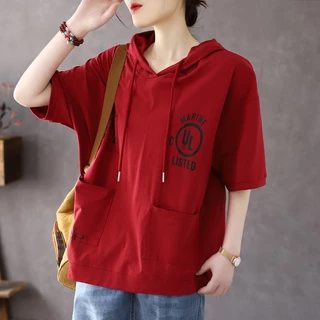 Áo Hoodie Cotton Tay Ngắn Dáng Rộng Phong Cách Hàn Quốc Thời Trang Mùa Hè Cho Nữ