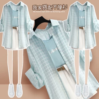 Set Áo Sơ Mi Voan + Quần Short Denim + Áo Hai Dây Thời Trang 2023 Cho Nữ 2023 6.1