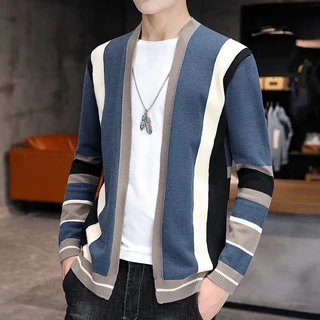 Áo sweater Dệt Kim Mỏng Dáng Rộng Họa Tiết Kẻ Sọc Phong Cách Hàn Quốc Thời Trang Thu Đông Mới Cho Nam