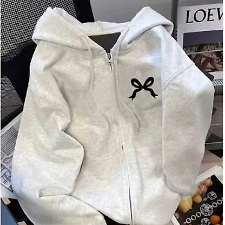 Áo Khoác Hoodie Zip Xám Nỉ Nơ Đen In Nhiệt - Áo Nỉ Nam Nữ Khóa Kéo Dày Dặn Dáng Rộng Unisex