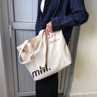 Túi tote vải canvas ulzzang unisex đi học đi làm có khoá miệng ngăn phụ in chữ MHL màu be