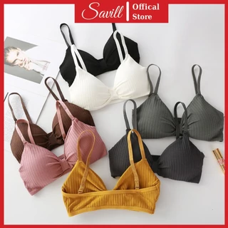 Áo bra 2 dây thắt nơ, Bra mút mỏng xinh xắn, Áo ngực không gọng chất cotton gân tăm SAVILL B308