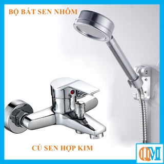 Bộ củ sen nóng lạnh hợp kim hàng A mạ crom tay vuông kèm bộ Tay sen Nhôm trắng xước tăng áp - QM.CS07.TS009B3