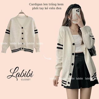 Áo Khoác Cardigan Len Màu Trắng Kem Phối Tay Kẻ Viền Đen, Labibi