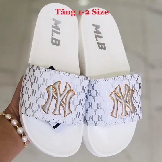 Dép unisex 𝐌𝐋𝐁 𝗡𝗬 ❤️FREESHIP + Hộp❤️ dép mlb ny gv bóng chày quai ngang thể thao nam nữ Thêu nỗi NY-NY GV-trắng-chữ-bạc