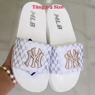 Dép unisex 𝐌𝐋𝐁 𝗡𝗬 ❤️FREESHIP + Hộp❤️ dép mlb ny gv bóng chày quai ngang thể thao nam nữ Thêu nỗi NY-NY GV-trắng-chữ-bạc