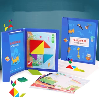 Đồ chơi Xếp hình gỗ Tangram nam châm có kèm sách cho bé , đồ chơi gỗ thông minh montessori