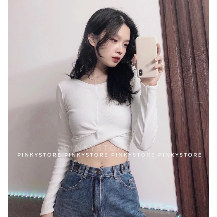 (5 màu) Áo croptop tay dài xoắn eo