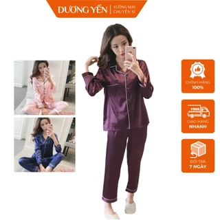 Bộ mặc nhà pizama dài tay chất phi bóng loại 1, Đồ ngủ pijama quần dài áo dài màu trơn sang trọng